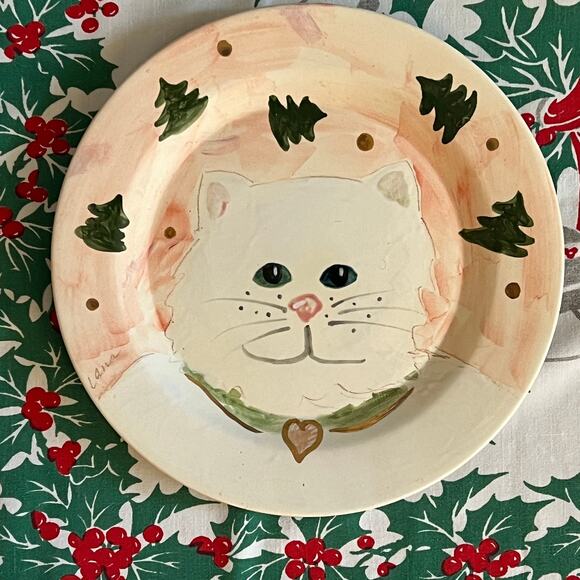 White Cat Christmas Cookie Plate with Scattered Christmas Trees - Picture 3 of 9